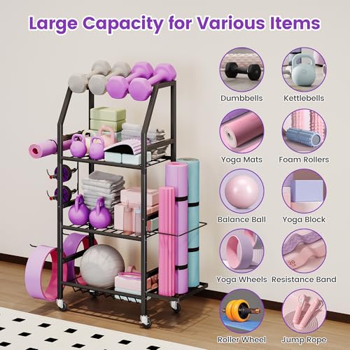 Homeiju Dumbbell Rack, Weight Rack for Home Gym, Yoga Mat Storage Holder with Lockable Wheels, Dumbbell Stand with Hooks, All in One Work out Equipment Storage for Yoga Mat Dumbbell and Balls - size: 4-Tier
