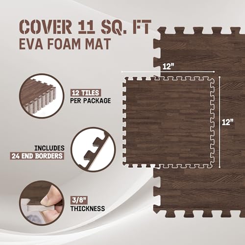 Yes4All EVA Interlocking Mats, Puzzle Floor Tiles, Foam Floor Padding with Border for Furniture, Home Space, Living Room, Garage 11,22,32 SQFT - color: B. Oak Wood Dark, size: 12"L x 12"W x 0.4"Th, style: 11SQFT