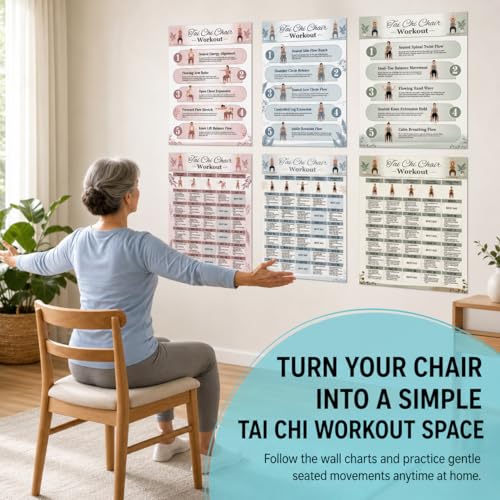 Tai Chi Chair Workout Chart Poster Set, 6-Piece Canvas Prints, Seated Chair Tai Chi Exercises for Seniors & Beginners, 30-Day Workout Charts, Easy-to-Read Wall Art | Unframed (8" L x 10" W) - size: 8"L x 10"W