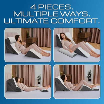 Kolbs 4pcs Orthopedic Bed Wedge Pillow Set | Stylish Chic Plush Velvet Cover | Post Surgery Body Pillow, Wedge Pillows For Sleeping | Acid Reflux and Gerd Wedge Pillow For Sleeping (4 Piece Wedge Set) - size: 4 Piece Wedge Set - Grey
