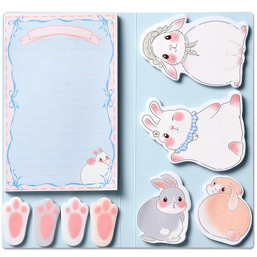 Hommie Cute Sticky Notes Set, Sticky Notes Set Planner Dividers, Easter Bunny Self-Stick Memo Pads with Animal Divider Tabs, Bundle Writing Designs for Office, School, Easter Party Supplies - color: Rabbit(blue Background)