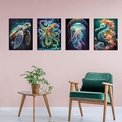 Muzagroo Art 5D Diamond Painting Kits for Adults, DIY Diamond Art Kits for Beginners, Turtle Diamond Dot Kits Gem Arts and Crafts for Living Room, Gem Painting Bedroom 4 PCS Wall Art - color: 06-Marine animals