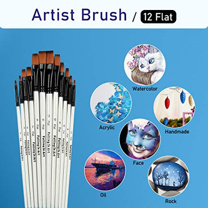Falling in Art 12 PCS Professional Flat Paint Brushes Set | Artist Brushes for Watercolor, Oil Painting, Acrylic, Face Body Nail Art, Crafts, Rock Painting - size: 12 Pcs Flat Nylon