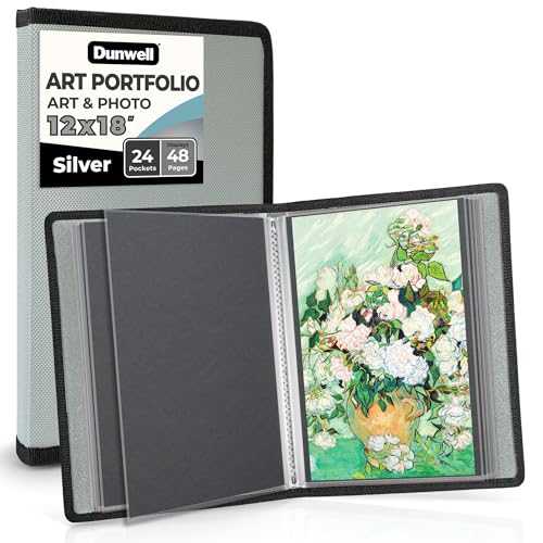 Dunwell 12x18 Art Portfolio Binder, 24-Sleeve, Mounting Paper, Silver | 24 Clear Sleeves, Displays 48 Pages, Mounting Paper Included, Artwork Storage, Acid-Free Poly Protection - color: Silver, size: 12x18" w/ BLK Paper
