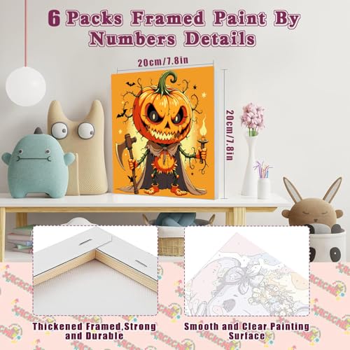 SYDYLH 6 Pcs Framed Easy Halloween Paint by Numbers for Adult/Kids 8x8in | small Ghosts Oil Painting Set for Child, mini horror paint by Number framed canvas Home Decor,Boys Girls Arts Crafts Gift - color: Halloween Paint By Numbers with Framed 6-pack, si
