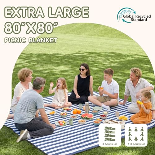 Genovega Waterproof Sandproof Beach Blanket Picnic Outdoor Mat Rug Extra Large Foldable Sand Free Big Giant XL Towel Car Essential Roadtrip Gadget Rv Accessories Gear Must Have Hiking Item Necessities - color: Stripe Navy