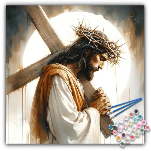 Paint by Numbers Kit for Adults, Jesus Cross Acrylic Canvas Painting Set | 16x16 Inch, Religious Christians DIY Number Painting Craft Kit, Home Wall Decor, Stress Relief Relaxing Hobby Gift - color: BOP1PNP03
