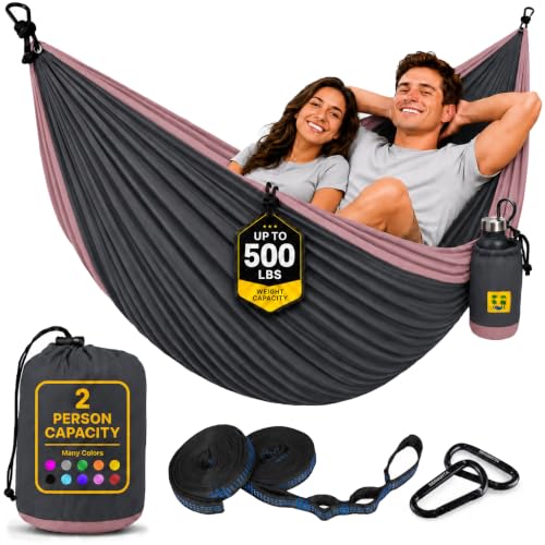 Durable Hammock 500 lb Capacity, Nylon Camping Hammock Chair - Double or Single Sizes w/Tree Straps and Attached Carry Bag - for Travel/Backpacking/Beach/Backyard (Large, Dark Grey & Dusty Pink) - color: Dark Grey & Dusty Pink, size: Large