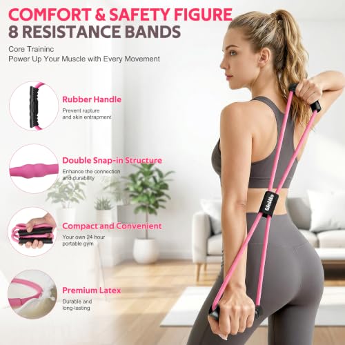 WALITO 15 PCS Pilates Kit, Adjustable Pedal Resistance Band with Handle, Figure 8 Resistance Band for Exercise Women, At Home Workout Equipment Set with Yoga Ball & Booty Bands for Full Body Gym - color: Pink