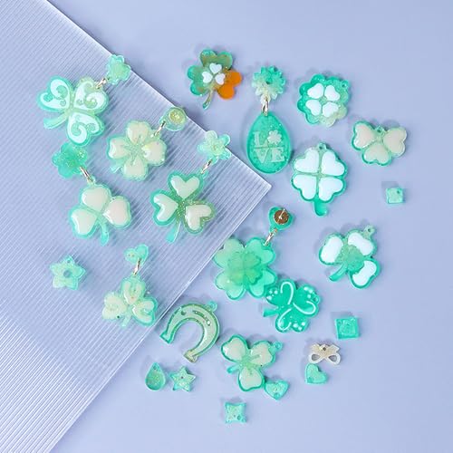 3 Pack St. Patrick's Day Resin Earring Molds Shamrock Earring Silicone Molds Irish Four-Leaf Clover Casting Epoxy Earring Resin Molds with 150 Earring Hook Kit for DIY Crafts Jewelry Making Keychains