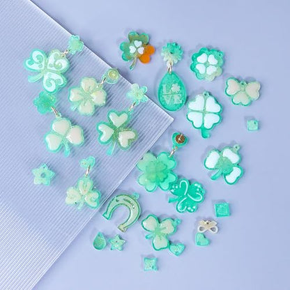 3 Pack St. Patrick's Day Resin Earring Molds Shamrock Earring Silicone Molds Irish Four-Leaf Clover Casting Epoxy Earring Resin Molds with 150 Earring Hook Kit for DIY Crafts Jewelry Making Keychains