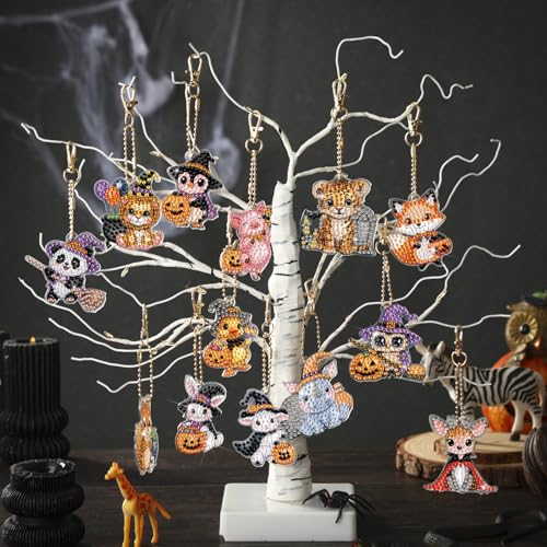 WILLBOND 30 Pcs Halloween Animal Diamond Art Painting Keychain Ornaments | Double Sided DIY Halloween Animals Diamond Painting Keychain Kits for Adults Key Ring Art Pendant Tree Decor - color: Halloween Animal