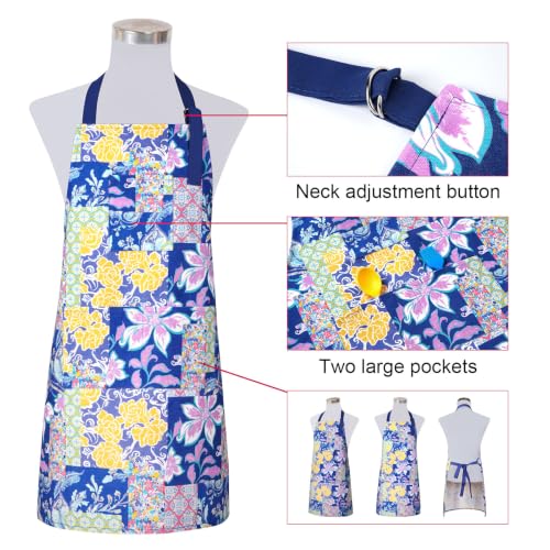 2 Pack Bid Aprons, Adjustable Kitchen Apron with 3 Pockets, Chef Works Apron. - color: Navy Flower