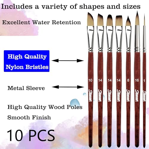 Sdanart Watercolor Brushes Professional，10 PCS Artist Paint Brush Shapes | Shape Including Pointed Rounds, Flats，Filbert，Cat's Tongue Oval Wash，Dagger，Suitable for Acrylics Water Color Oil Gouache Ink