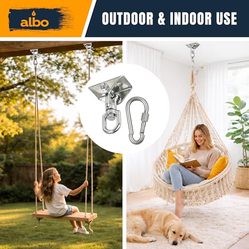 Albo Heavy Duty Ceiling Swing Mount Bracket with 360° Swivel & Locking Carabiner, 2650 LBS, Hammock Chair, Porch Swing, Yoga Swing, Punching Bag Ceiling Hanger, Wood Beam & Concrete Hardware Kit - color: Silver, size: 1 Piece