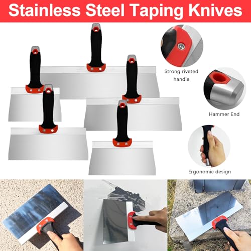 Drywall Knife 5pcs/Set, Stainless Steel Taping Knives Kit | Includes 6'', 8'', 10'', 12'', 14'' Tools, Perfect for Drywall Joint Taping, Finishing & Patching - color: Black - C Set
