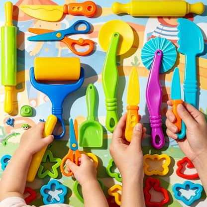 Dough and Clay Play Tools Kit for Kids, Modeling Clay Accessories for Toddlers, Animal Cutters with DIY Rollers & Safety Scissors, Dough Extruder Easy Squeeze for Kids, Ideal Home Play & Baking Set - size: 31pcs