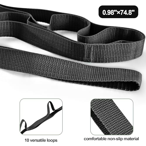 Stretching Strap Yoga Strap Physical Therapy for Home Workout, Exercise, Pilates and Gymnastics, 10 Loops Non-Elastic Stretch Bands with Aesthetic Packaging for Women Men - color: Black