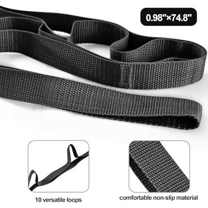 Stretching Strap Yoga Strap Physical Therapy for Home Workout, Exercise, Pilates and Gymnastics, 10 Loops Non-Elastic Stretch Bands with Aesthetic Packaging for Women Men - color: Black