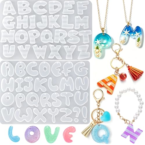 Alphabet Molds with Hole, Set of 2 Resin Alphabet Keychain Molds | Silicone Alphabet Crafting Molds for Epoxy Resin, A-Z Uppercase Letter DIY Keychain Pendant Jewelry Projects Party Gift - color: 2 Pcs Alphabet Resin Molds