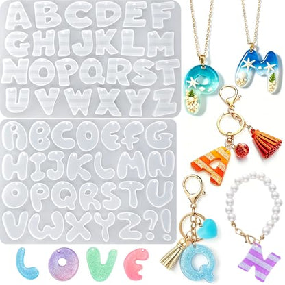 Alphabet Molds with Hole, Set of 2 Resin Alphabet Keychain Molds | Silicone Alphabet Crafting Molds for Epoxy Resin, A-Z Uppercase Letter DIY Keychain Pendant Jewelry Projects Party Gift - color: 2 Pcs Alphabet Resin Molds