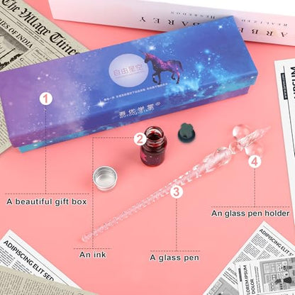 Luxiv Glass Dip Pen Set, Purple Crystal Pen With Ink, Holder, and Package - color: Pink, style: Basic