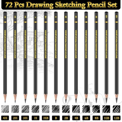 72 Pcs Sketching Pencils, 12B-4H Graphite Drawing Pencils | Art Set for Artists Beginners, Bulk Supply for Studios, Charcoal Graphite Blend, Shading Sketching, Gift-ready Packaging