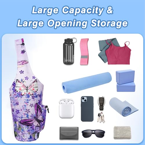 Yoga Mat Bag - Large Opening Long Tote Yoga Mat Carrier Holder Bag with Waterproof Wet Zipper Pocket and Drawstring Water Bottle Pocket - Yoga Bag Fit Most Size Mats - color: Butterfly