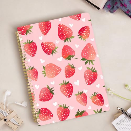 Cute Spiral Notebook journal A4 Aesthetic Pretty Design for Women Girls Kawaii with Pocket, 8.5 x 11 inch, Lined, Strawberry - color: Strawberry, style: Lined