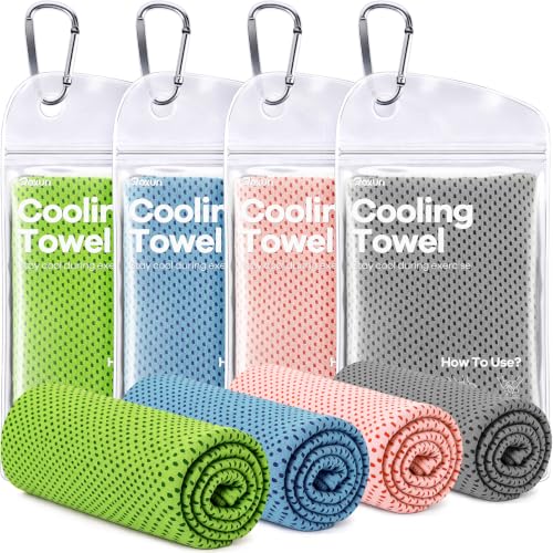 ROXUN Cooling Towels, 4 Pack (40''x12'') Chilly Ice Rags for Neck and Face | Gray+Grayish Blue+Light Pink+Green, Soft Breathable, Sports and Outdoor Workouts, Comes with Storage Bags & Carabiners - color: Gray+grayish Blue+light Pink+green