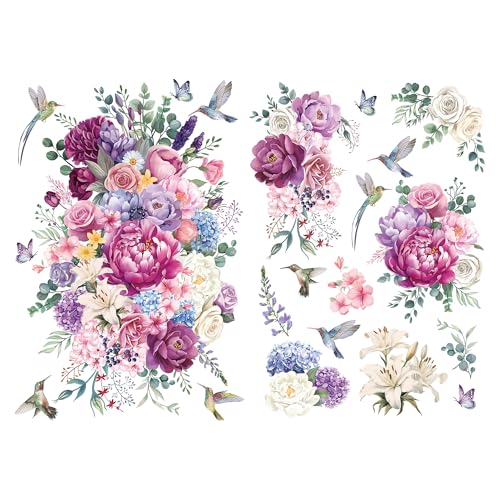 Joeyan Floral Rub On Transfers for Furniture and Crafts, 2 Large Watercolor Peony Design Sheets 12''x18'', DIY Home Decal on Wood Glass Metal Canvas Porcelain Paper Plastic, Pink and Purple - style: Pink and Purple Peony