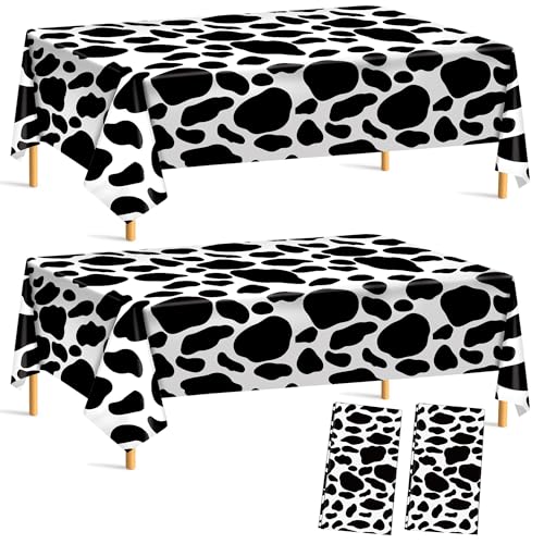 Kochorie 2 Packs 108 x 54 Inch Cow Print Tablecloths, Disposable Black and White Cow Print Table Cloth, Waterproof Cow Themed Plastic Table Cover for Farm Animal Birthday Baby Shower Party Decor - style: Cow Print