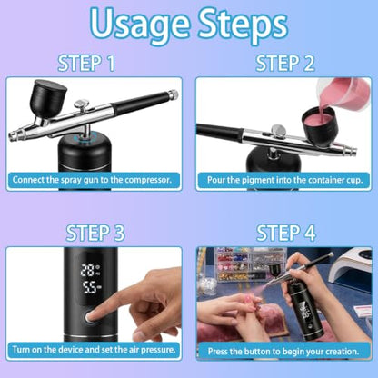 Cordless Airbrush Kit with Compressor,48 PSI High-Pressure, 6000mAh Rechargeable, 3-Speed Adjustable - 0.2/0.5 mm Nozzles & 3 Cups,Non-Clogging for Cake,Models, Makeup,Painting,Nails Art (Black)