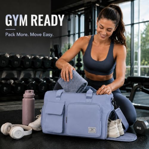 FIORETTO Women's Gym Duffle Bag with Shoes Compartment, 30L Capacity, Ideal for Travel, Gym, Sports, Duffel, Weekender - color: Grayish Blue, style: Gym Bag
