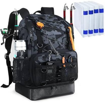 Fishing Backpack with 4 Tackle Boxes, Heavy Duty Fishing Bag with Waterproof Bottom, Tackle Backpack Gifts for Man Woman-Camo Black - color: Camo Black