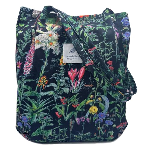 Aphoraeny Corduroy Tote Bag for Women Cute Totes Shoulder Bag with Inner Pocket for Work Beach Shopping Travel Grocery - color: Black Plants