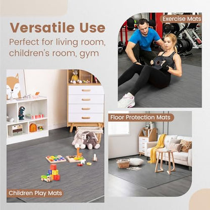 Tangkula 25 Tiles Foam Flooring Mats with Border, 100 SQ FT EVA Interlocking Exercise Foam Mats for Exercise Equipment, Elastic Puzzle Play Mats, 3/8” Non-Slip Workout Floor Mats for Home Gym (Gray) - size: 100 sq.ft, Gray