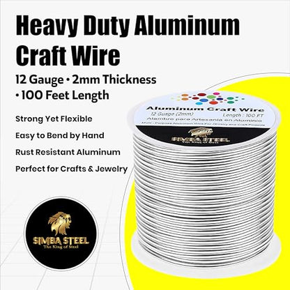 12 Gauge Aluminum Wire 100 Ft (Silver, 2mm), Metal Armature Wire for Sculpting, Aluminum Craft Material, Jewelry Making, Bendable for Crafts, Beading & Floral Design by Simba Steel - style: 12 Gauge x 100 FT
