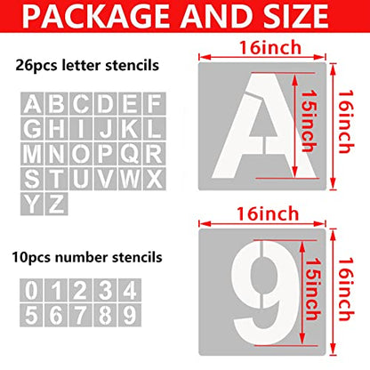 YEAJON 16 Inch Letter Stencils and Numbers, 36 Pcs Alphabet Art Craft Stencils, Reusable Plastic Templates for Wood, Wall, Fabric, Rock, Signage, DIY Art Projects - size: 16 Inch