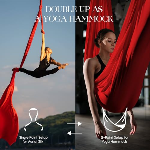 Aerial Silks Yoga Hammock Kit, 11 Yards, Hardware and Swivel | Knitted fabric with swivel and guide, portable carry bag included, for aerial yoga, gymnastics and home gym practice - color: Plum