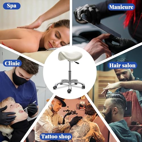 Ergonomic Saddle Chair,Heavy-Duty Rolling Stool with Wheels | 500lbs|Adjustable Height |360° swivel Silent PU casters|For Massage,Salon, barber ,tattoo,Spa ,Drafting,Clinic, Lab, Office - color: White