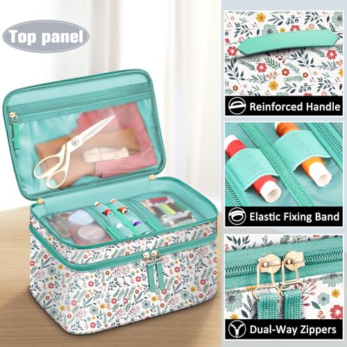 FINPAC Double-Layer Sewing Accessories Storage and Organizer Case Bag | Sewing Kits Carrying Bag with Wrist Pin Cushion for Threads, Needles, Embroidery Floss, Felting Kits, Spring Bloom - color: Spring Bloom