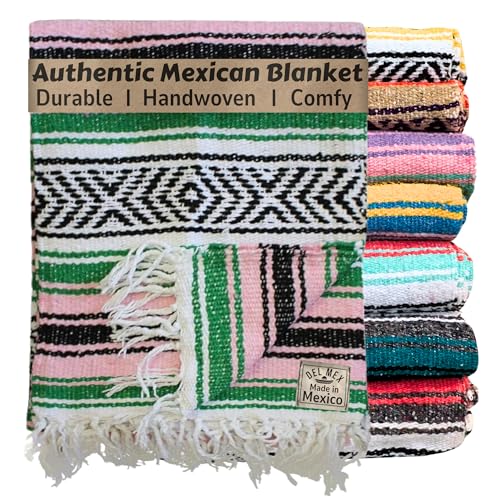 Del Mex Classic Mexican Blanket, Large Authentic Woven Falsa Throw (70"x50"), Artisan Southwest Décor for Beach, Yoga, Outdoors (Green/Pink) - color: Green/Pink