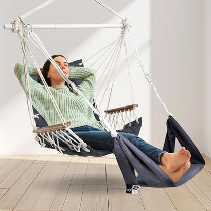 Hammock Chair Hanging Swing,with Footrest&Wooden Armrest;Dark Grey | Steel Spreader Bar, Headrest Piillows,Quilted Fabric for Porch/Garden/Outdoor/Indoor,Upto350lbs
