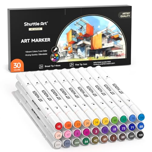 Shuttle Art 30 Colors Dual Tip Art Markers Permanent Marker Pens Highlighters Perfect for Illustration Adult Coloring Sketching and Card Making - color: 30 Colors
