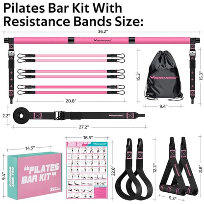 Pilates Bar Kit with 6 Latex Resistance Bands, Adjustable Exercise Bar - color: Pink