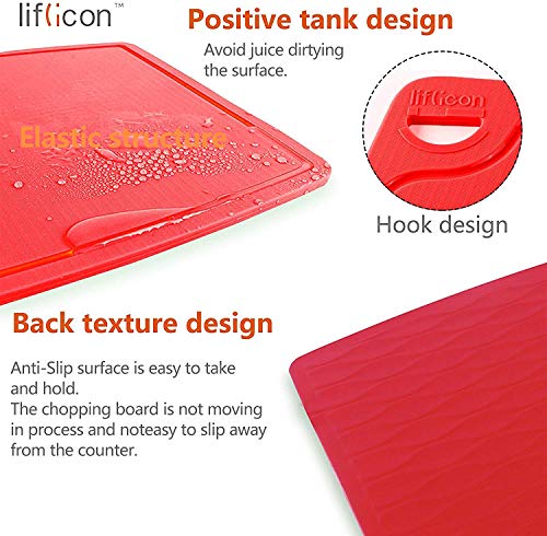 Liflicon Silicone Thick Cutting Boards Mats Set of 3pcs Foldable & Flexible Design Juice Grooves Easy Grip Handle Dishwasher Safe for Kitchen,BPA free Silicone Cutting Boards/Mats-Red - color: Red, size: S+M+L