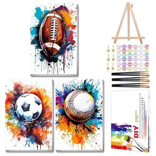 Mandun Ball Paint by Numbers Kit for Adults, 3 Pack, 7.8x11.8 inch | DIY Painting Kits Crafts for Adults, Relieve Stress, Frame Canvas, Wooden Easel, Gift Box, Home Wall Decor - color: 3 Pack Rugby Baseball Football