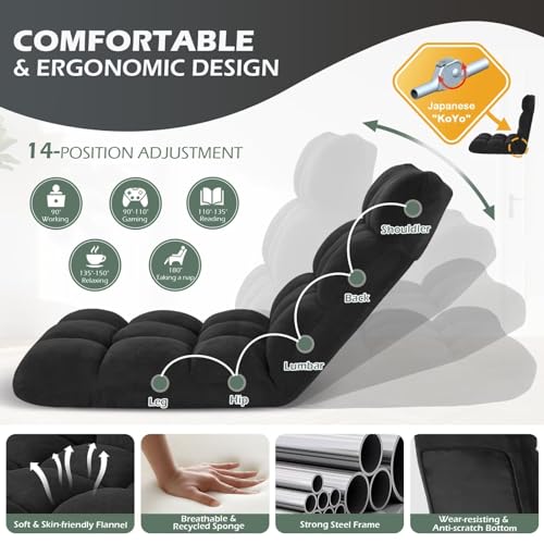 Folding Floor Gaming Chair, 14-Position Adjustable Backrest, Skin-Friendly Flannel & Aluminum Alloy Frame, Ideal for Reading, Gaming, Sleeping, Black - color: Black
