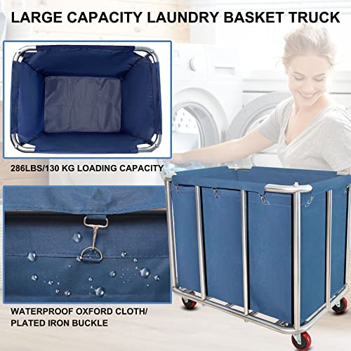 Laundry Cart Commercial,11.35 Bushel (400L) Large Industrial Rolling Laundry Hamper with 4 Inch Wheels,Home Heavy Duty Laundry Baskets with Stainless Steel Frame, 286 LBS Load，10 Support Tubes - color: Blue - 11.35 Bushels - 10 Tubes